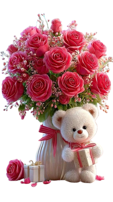 Cute teddy bear holding flower bouquet